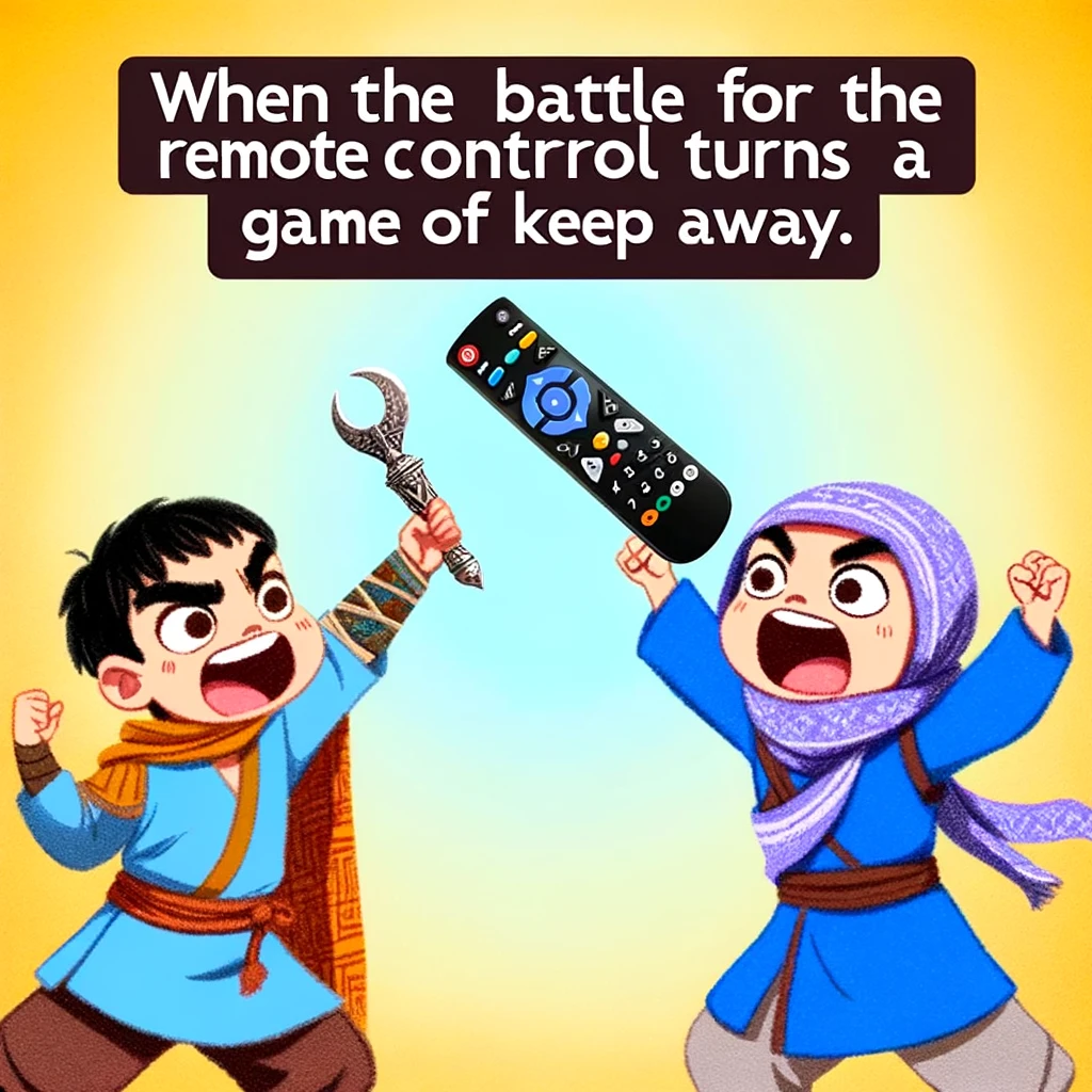 A playful meme of two siblings arguing over the remote control, with the younger one triumphantly holding it above their head out of reach. The caption reads, "When the battle for the remote control turns into a game of keep away."