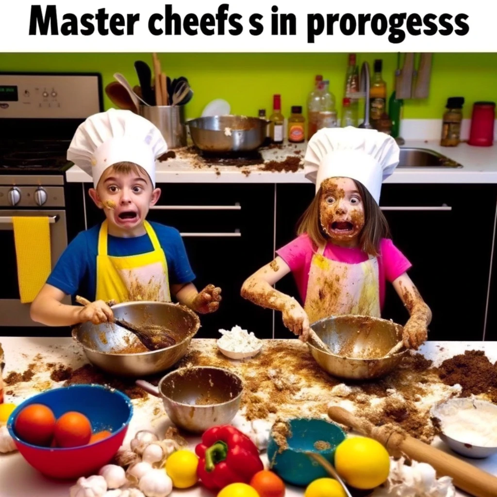 A meme showing two siblings trying to cook together in the kitchen, resulting in a huge mess but both looking proud of their disaster. The caption reads, "Master chefs at work, disaster in progress."