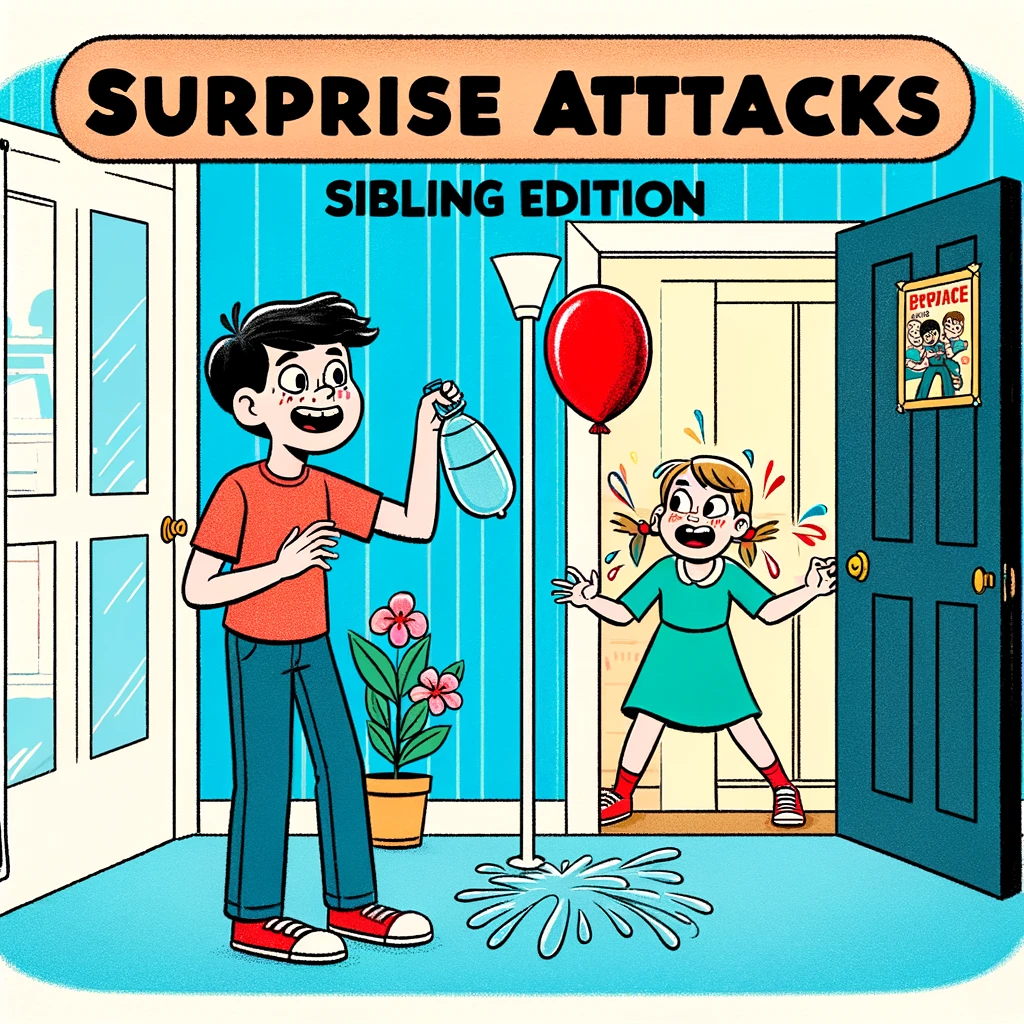 An amusing meme featuring two siblings, one hiding behind a door with a water balloon ready to throw at the unsuspecting sibling walking in. The caption says, "Surprise attacks: sibling edition."