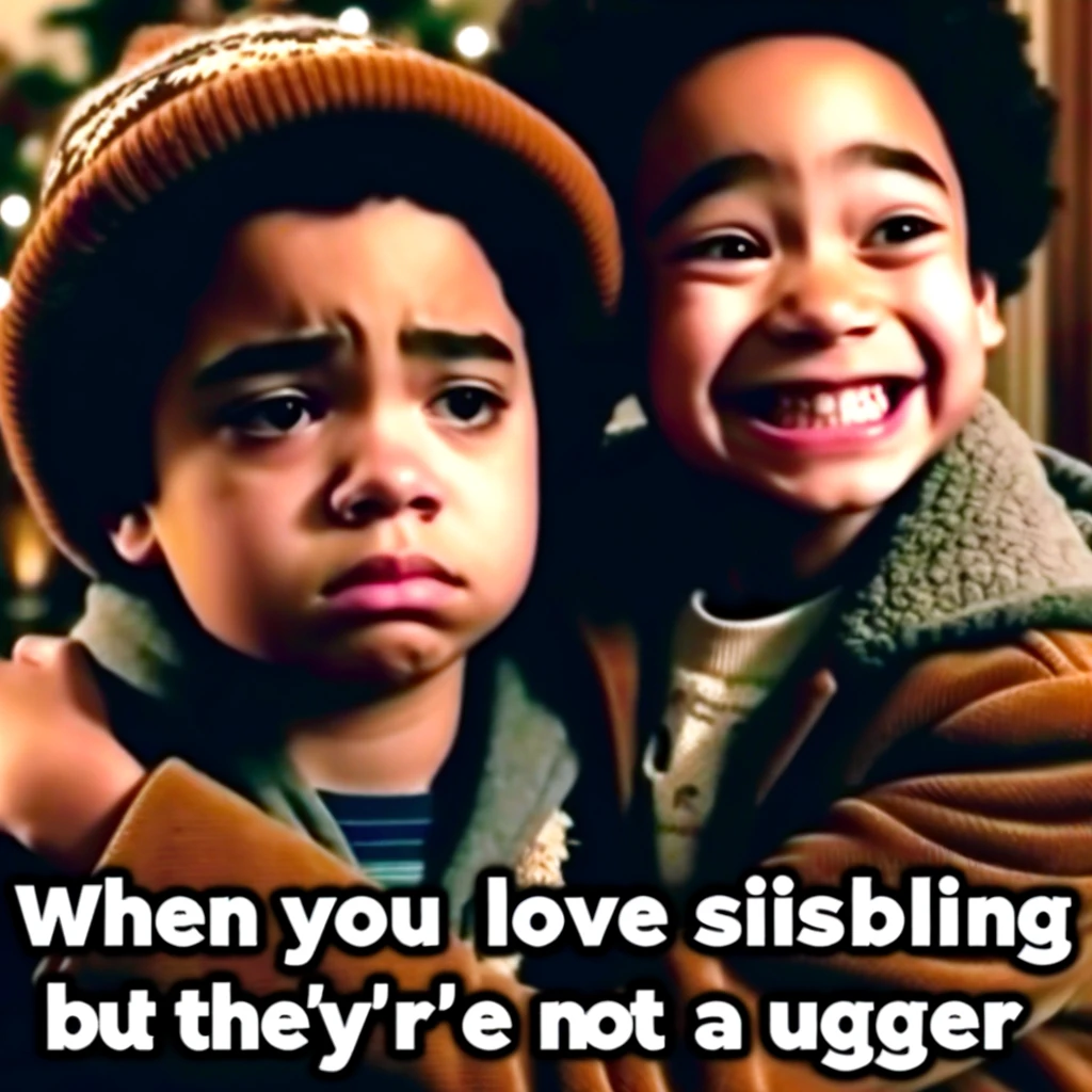 A heartwarming meme of two siblings hugging each other tightly, with one looking annoyed and the other with a big, loving grin. The caption reads, "When you love your sibling but they're not a hugger."