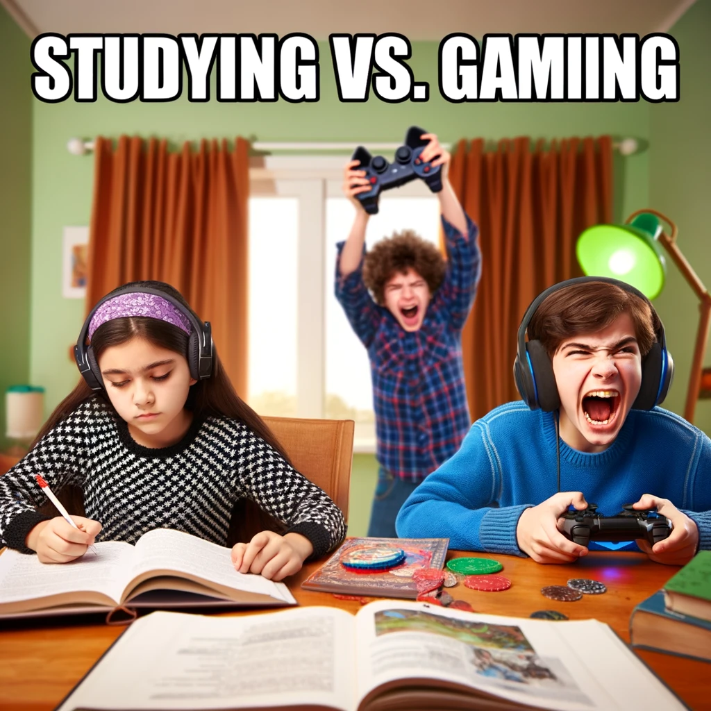A comedic meme showing two siblings, one studying diligently while the other plays video games loudly in the same room. The caption reads, "Studying vs. Gaming: Sibling rivalry at its finest."