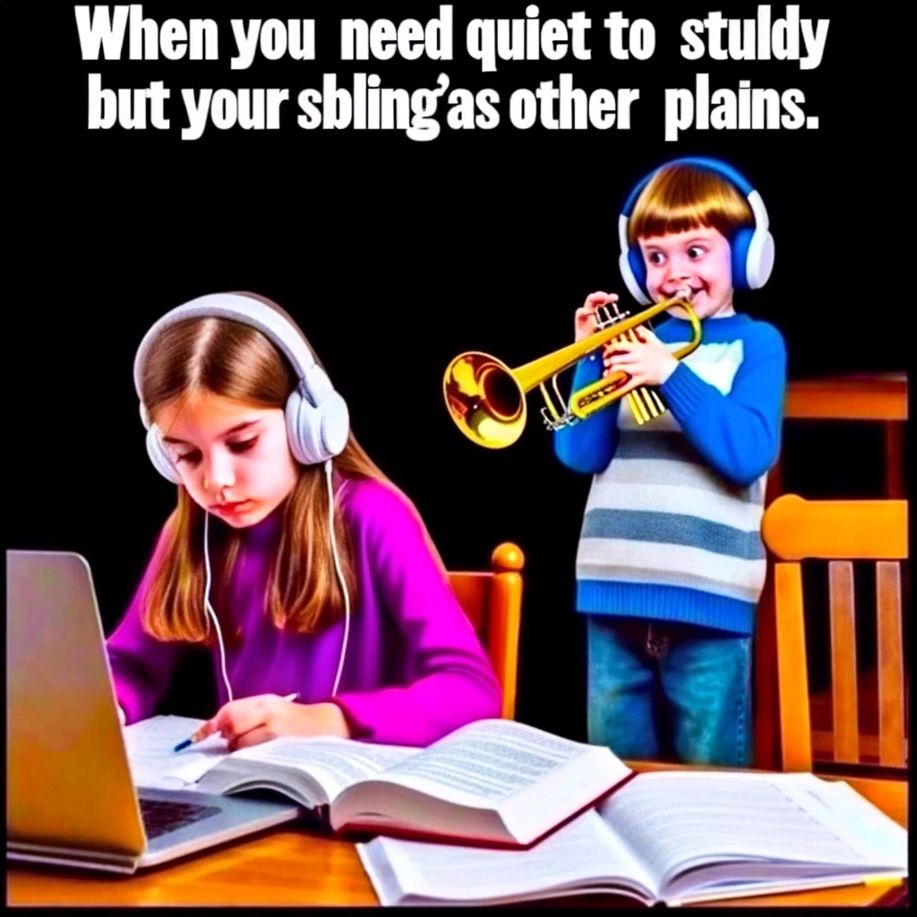 A meme illustrating two siblings, one trying to study with headphones on while the other is playing the trumpet right next to them. The caption reads, "When you need quiet to study but your sibling has other plans."