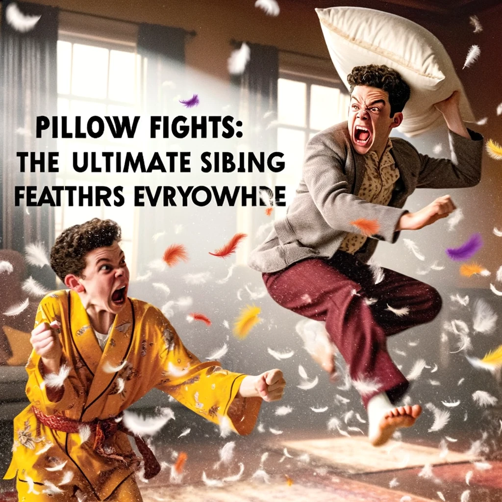 A hilarious meme showing two siblings during a pillow fight, one mid-swing with a pillow exploding feathers everywhere, and the other looking shocked. The caption reads, "Pillow fights: the ultimate sibling showdown."