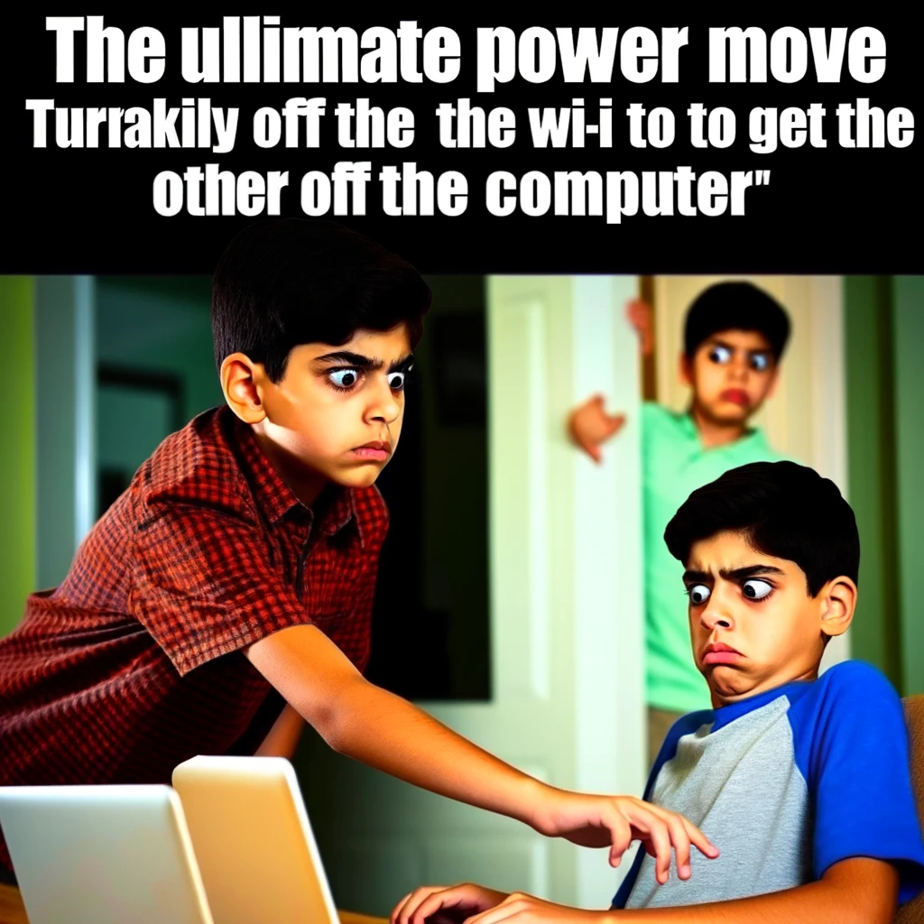 A meme capturing the moment one sibling sneakily turns off the Wi-Fi to get the other off the computer. The sibling on the computer looks bewildered. Caption: "The ultimate power move: Wi-Fi warfare among siblings."