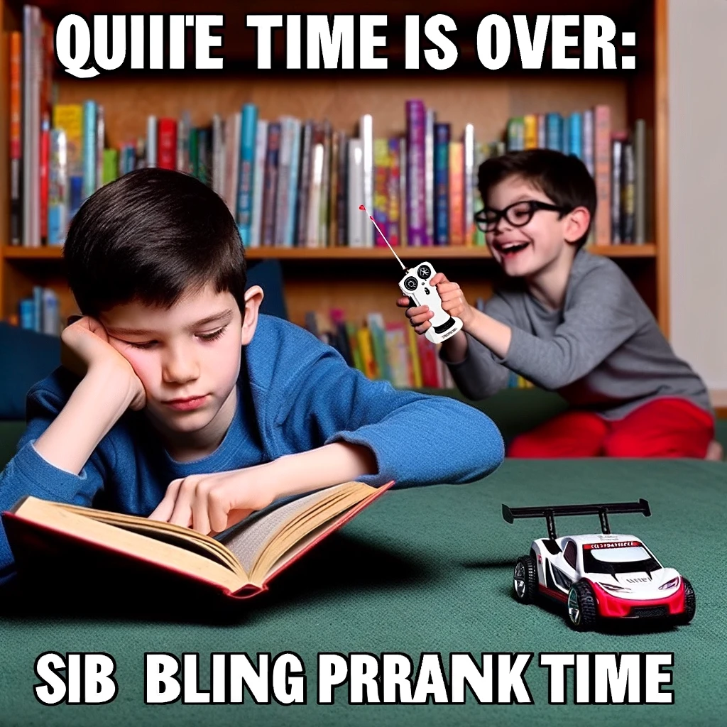A meme showing two siblings, one quietly reading a book and the other sneakily pointing a remote-controlled toy car towards them. The caption reads, "Quiet time is over: sibling prank time."