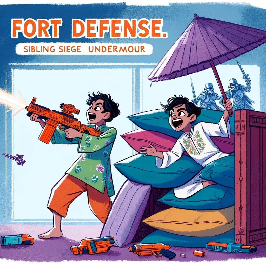A meme featuring two siblings, one furiously building a pillow fort while the other is sneaking up with a nerf gun. The caption reads, "Fort defense: Sibling siege underway."