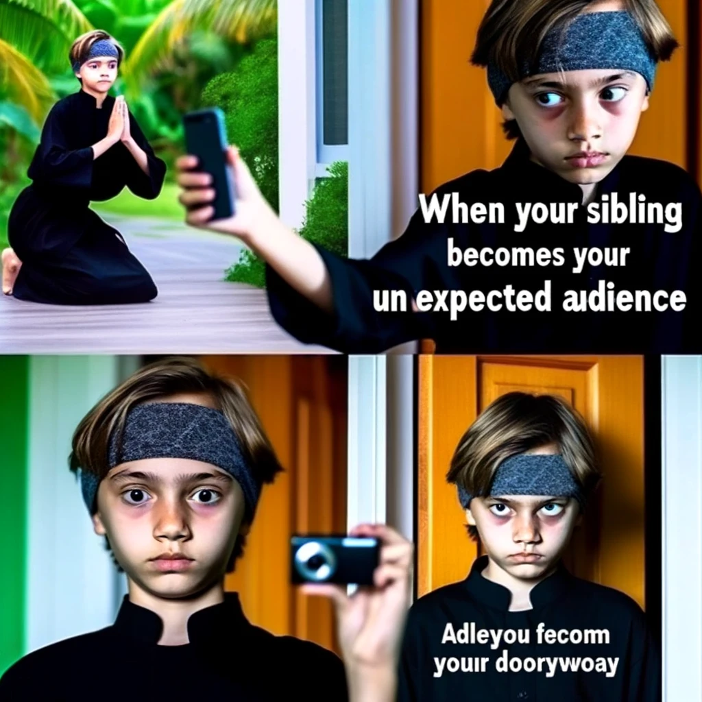A meme showing two siblings with one trying to quietly do a TikTok dance in their room while the other secretly records from the doorway. The caption reads, "When your sibling becomes your unexpected audience."