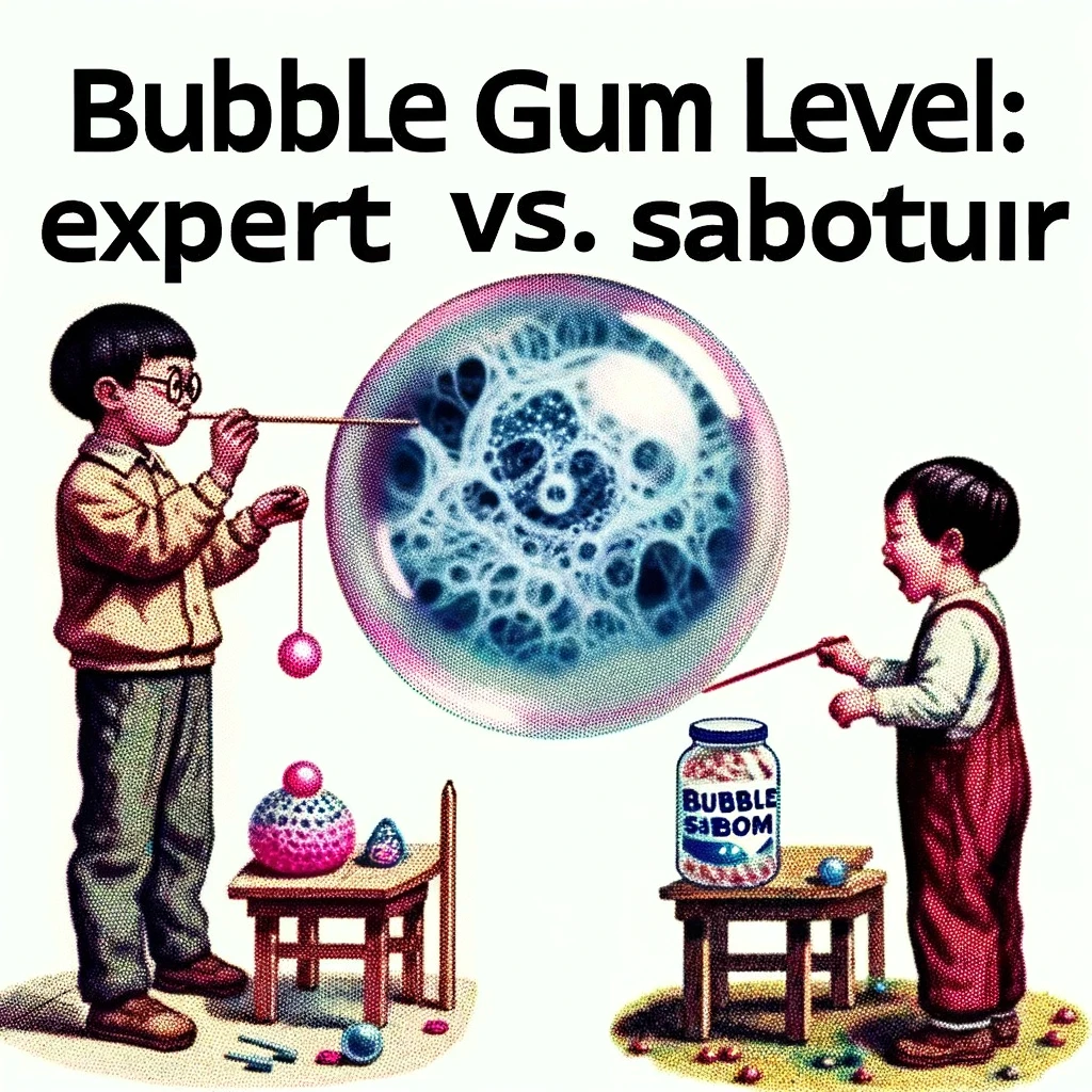 A meme of two siblings, one creating a massive bubble with gum while the other watches in awe, about to poke it. The caption reads, "Bubble gum level: Expert vs. Saboteur."