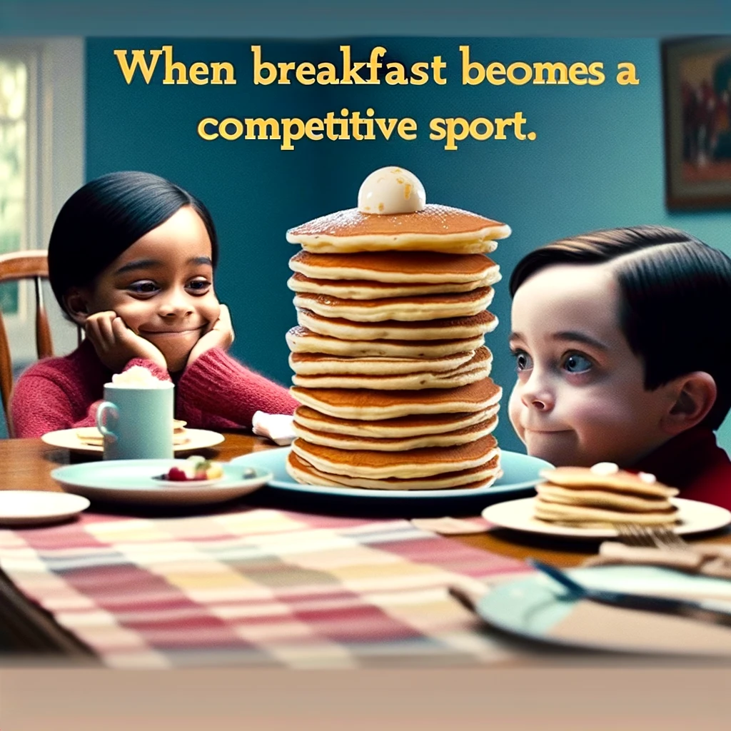A meme depicting two siblings sitting at a table, each with a stack of pancakes. One sibling has a tiny stack, looking enviously at the other's towering stack. The caption reads, "When breakfast becomes a competitive sport."