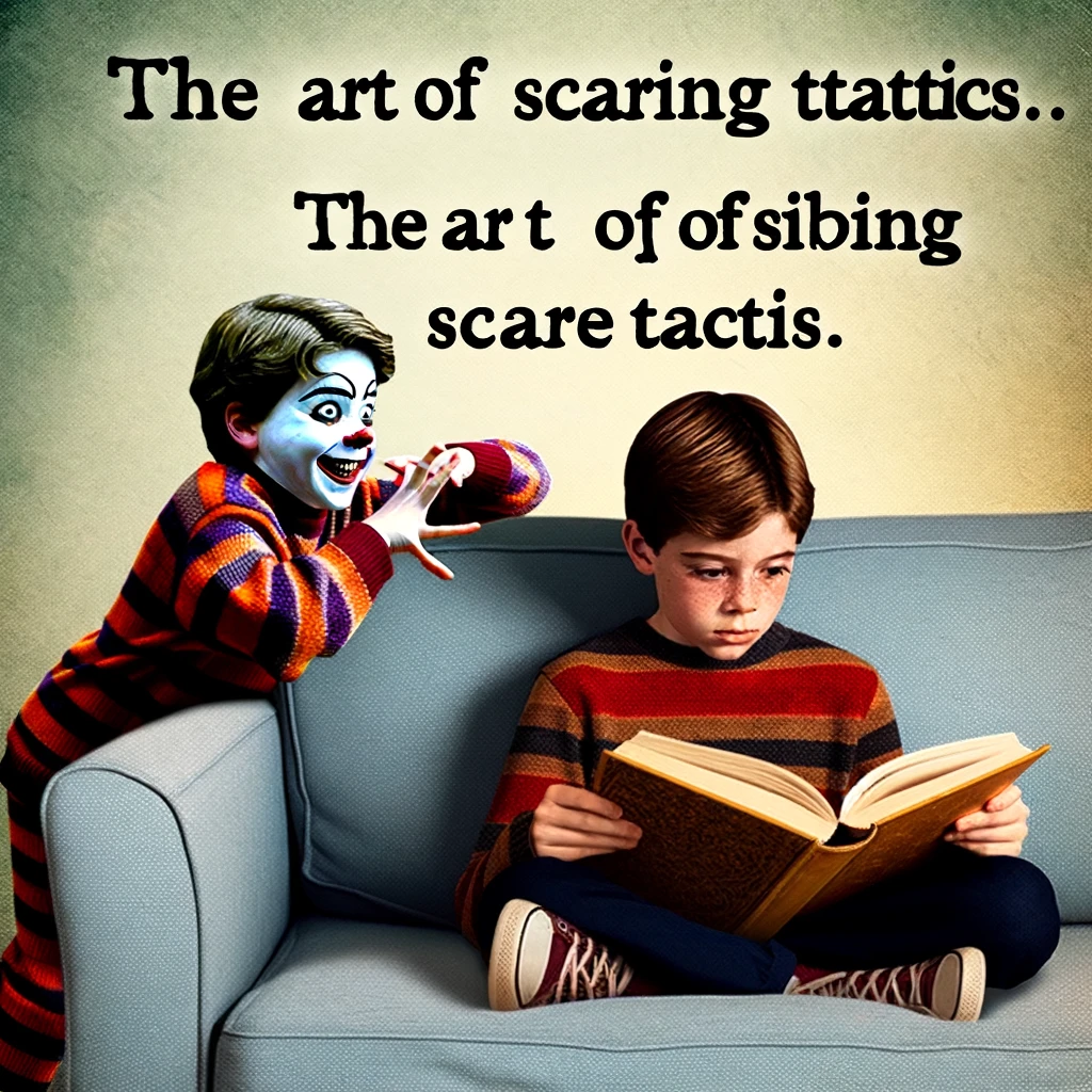 A meme of two siblings, one sneaking up to scare the other who is absorbed in reading a book. The caption reads, "The art of sibling scare tactics."