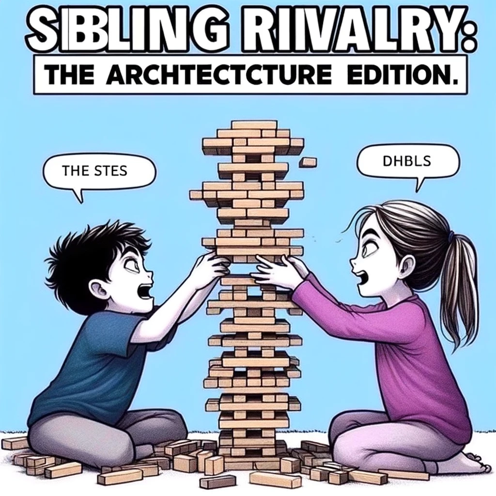 A meme showing two siblings each trying to outdo the other in building the tallest tower of blocks, with towers teetering on the brink of collapse. The caption reads, "Sibling rivalry: The architecture edition."