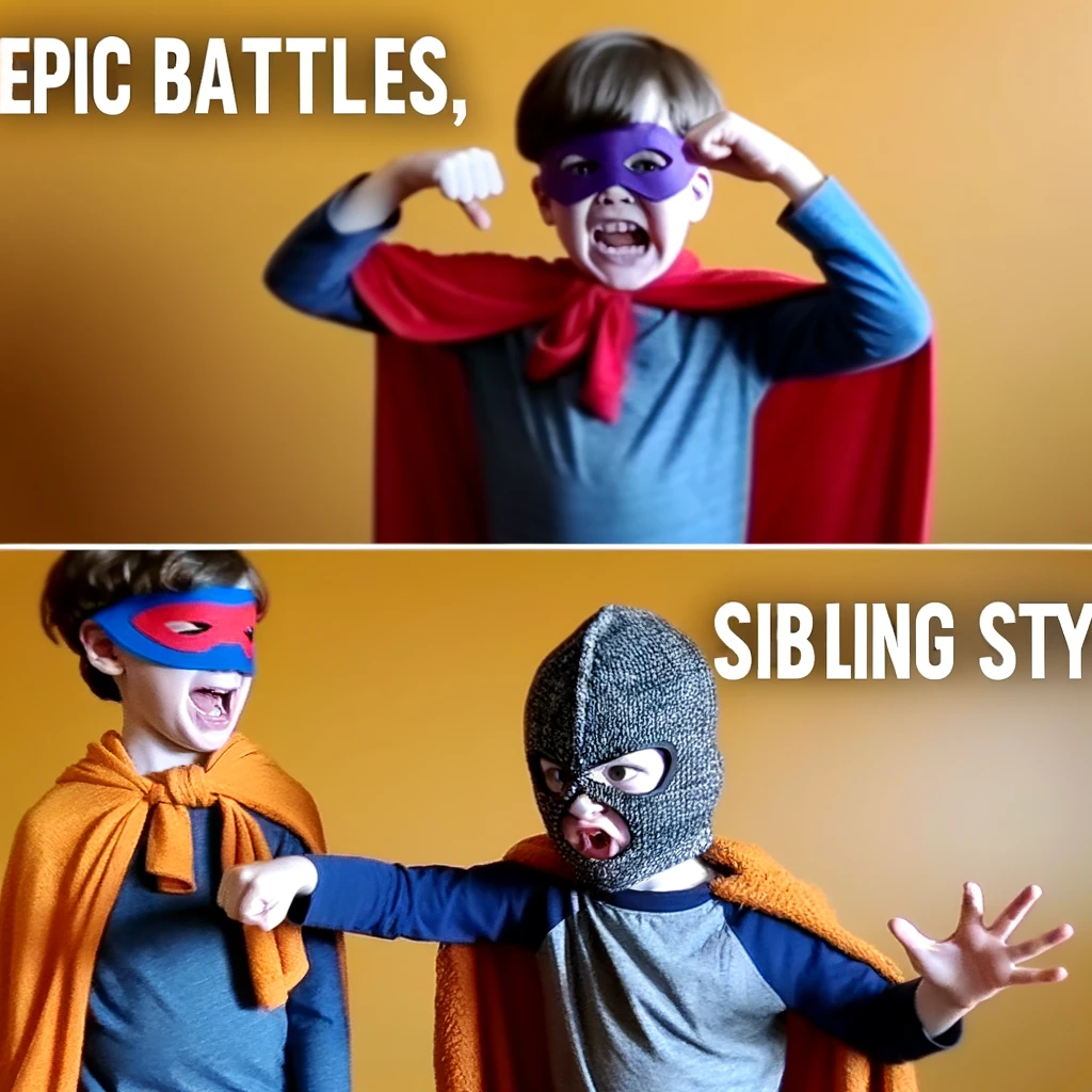 A meme capturing two siblings, one pretending to be a superhero with a cape, and the other acting as the villain with a makeshift mask. The caption reads, "Epic battles, sibling style."