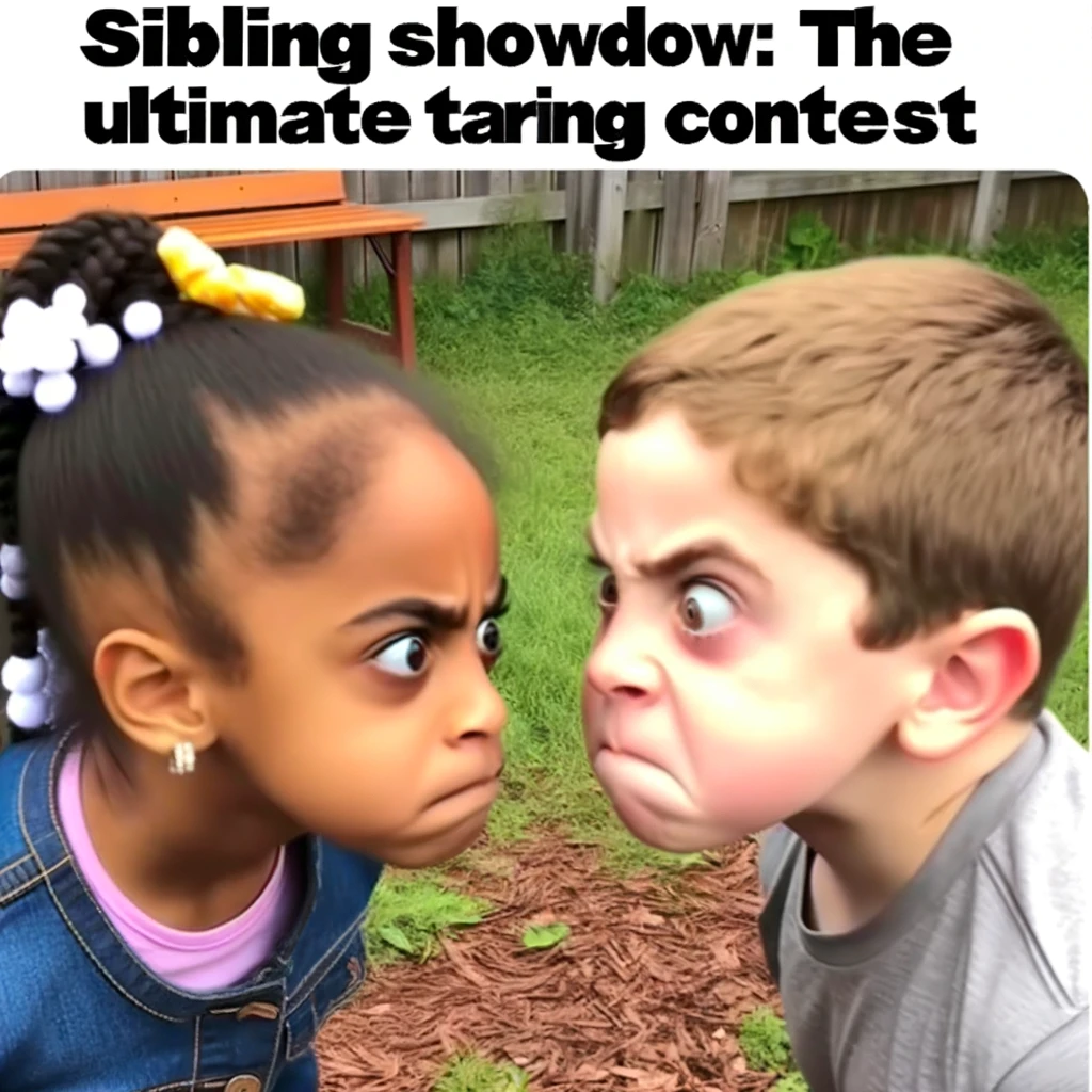 A meme of two siblings in a staring contest, both trying not to blink, with exaggerated expressions of determination. The caption reads, "Sibling showdown: The ultimate staring contest."
