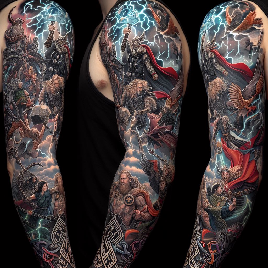 A full sleeve tattoo that encompasses various aspects of Norse mythology, including Thor's hammer, Odin on his throne, the Valkyries in flight, and Loki in his many forms. The design uses a mix of black and grey with strategic color highlights, such as the blue of Thor's lightning and the red of the Valkyries' cloaks. Each element is connected with Norse knotwork and runes, creating a cohesive story that wraps around the arm.