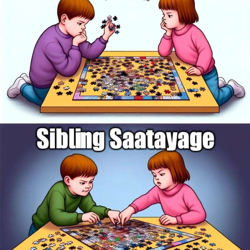 A meme illustrating two siblings, one assembling a complex puzzle with concentration while the other casually throws in random pieces, disrupting the process. The caption reads, "Puzzle time: Sibling sabotage."