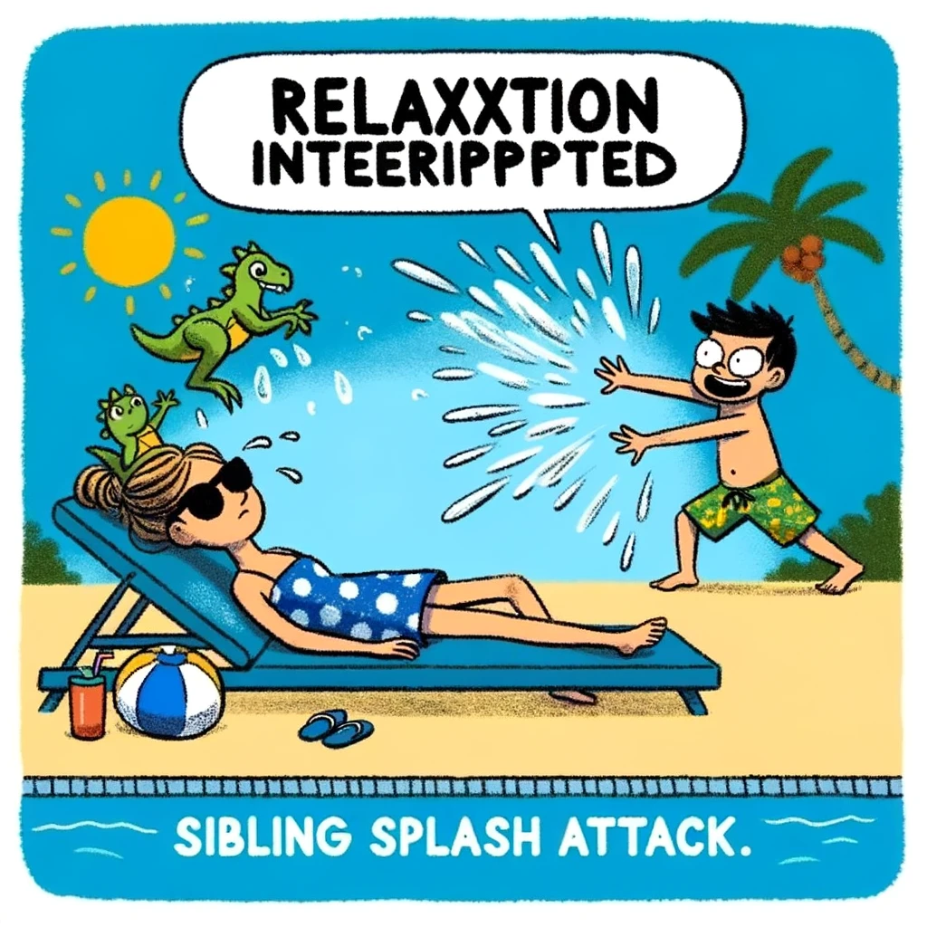 A meme showing two siblings, one trying to peacefully sunbathe while the other splashes water at them from the pool. The caption reads, "Relaxation interrupted: Sibling splash attack."