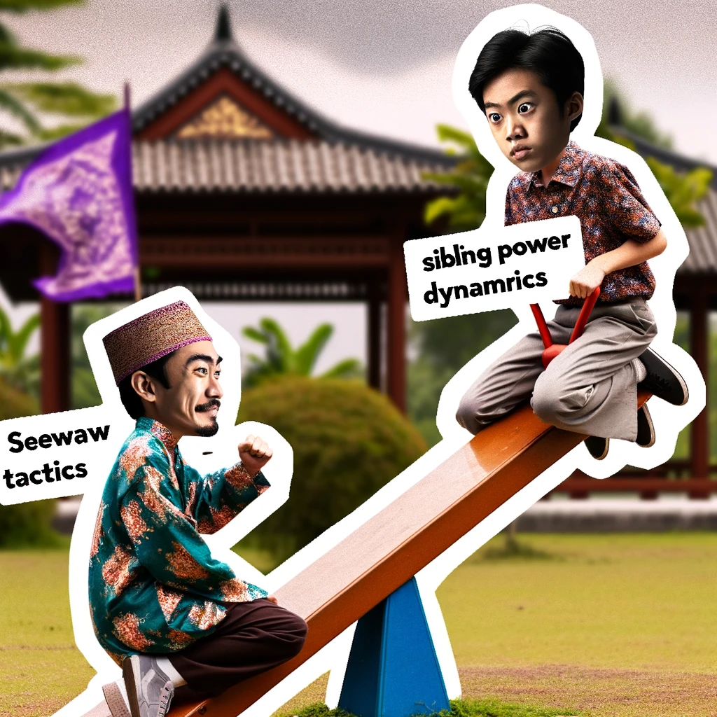 A meme featuring two siblings on a seesaw, with one on the ground trying to push off and the other high in the air looking nervous. The caption reads, "Seesaw tactics: Sibling power dynamics."