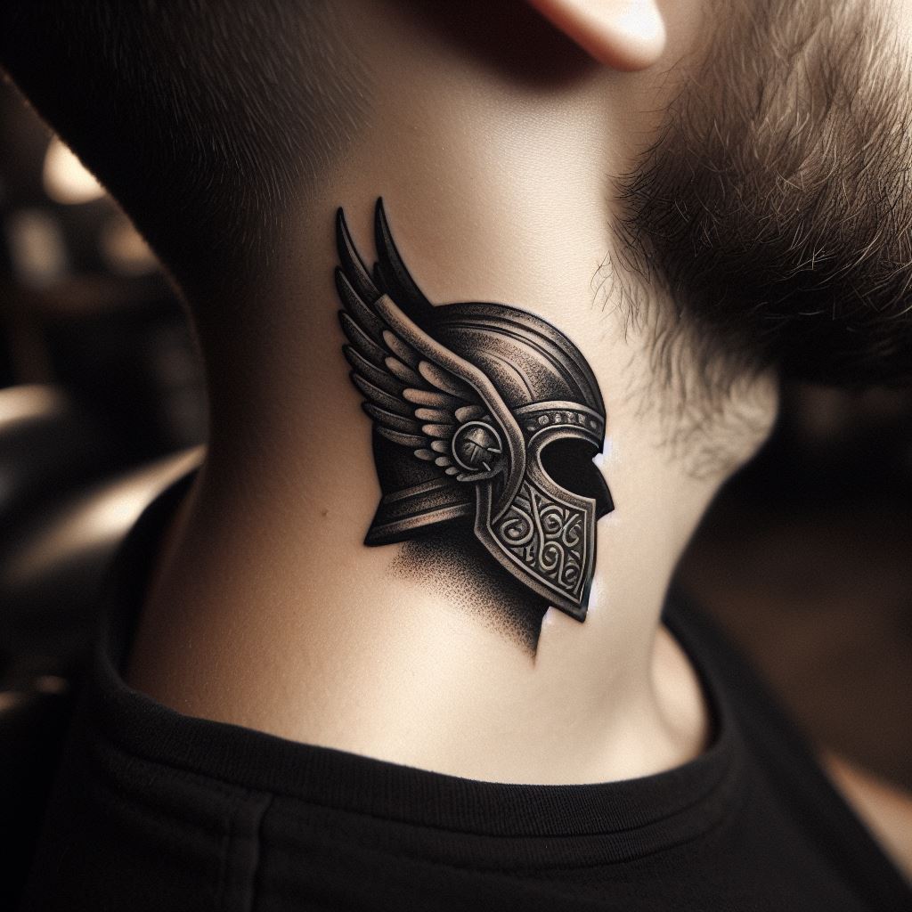 A small, yet detailed black and grey tattoo located on the side of the neck, depicting Thor's battle helmet with its intricate Norse engravings and winged sides. The helmet is designed to look as if it's being worn by the wearer, with shadows and highlights that give it a 3D effect. This tattoo symbolizes strength and protection, placed in a spot that's both visible and discreet.