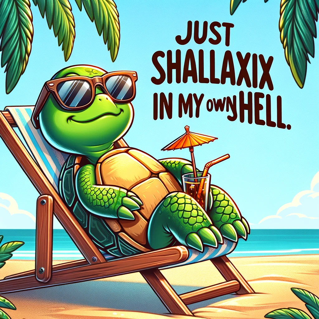 A cartoon turtle wearing sunglasses, looking cool and relaxed on a beach chair under a palm tree. The caption reads: "Just shellaxing in my own shell."