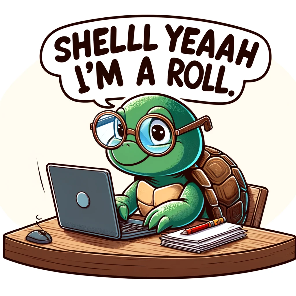 A cartoon turtle sitting at a desk with a laptop, wearing glasses. The turtle looks focused and determined. The caption reads: "Shell yeah, I'm on a roll!"