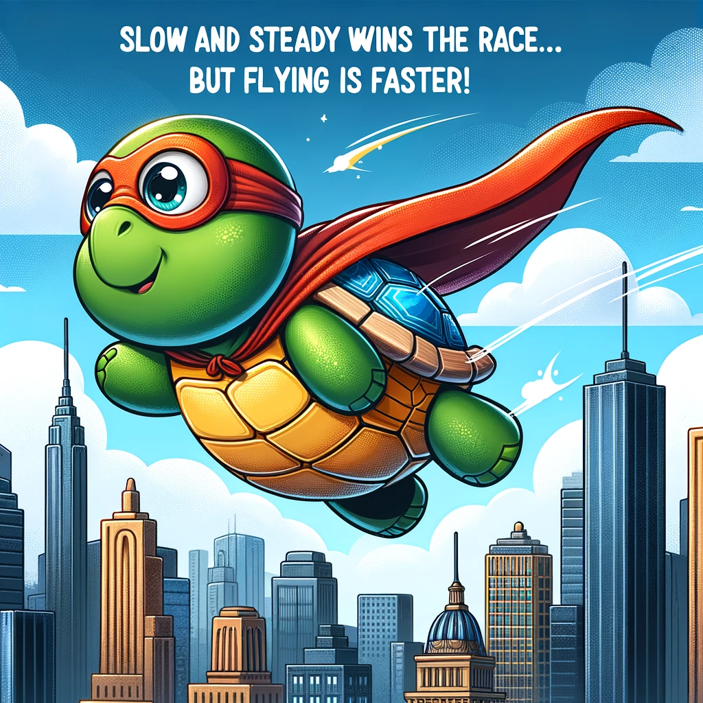 A cartoon turtle in a superhero cape flying above the city skyline. The turtle has a determined expression. The caption reads: "Slow and steady wins the race... but flying is faster!"