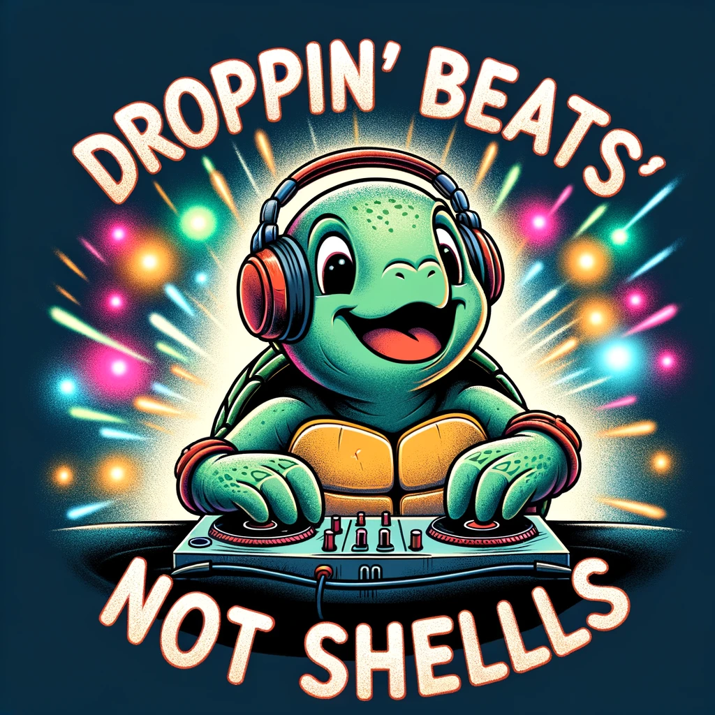 A cartoon turtle with headphones, DJing at a party. The turtle is surrounded by colorful lights. The caption reads: "Droppin' beats, not shells."
