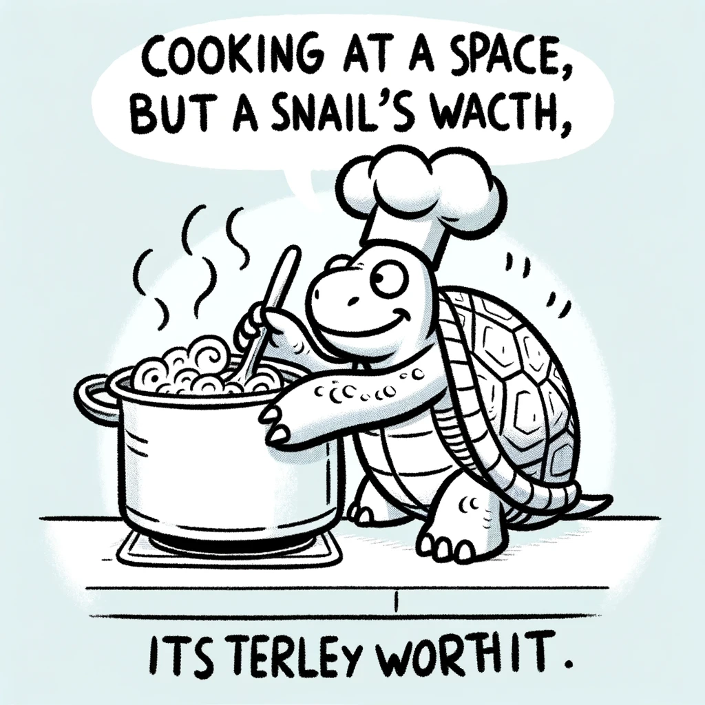 A cartoon turtle wearing a chef's hat, cooking in a kitchen. The turtle is stirring a large pot. The caption reads: "Cooking at a snail's pace, but it's turtle-y worth it."