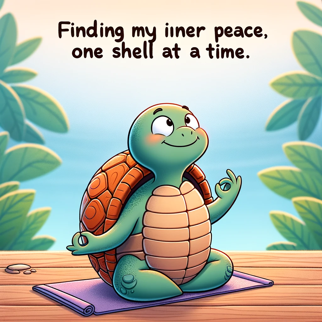 A cartoon turtle doing yoga on a mat in a peaceful setting. The turtle is in the lotus position. The caption reads: "Finding my inner peace, one shell at a time."