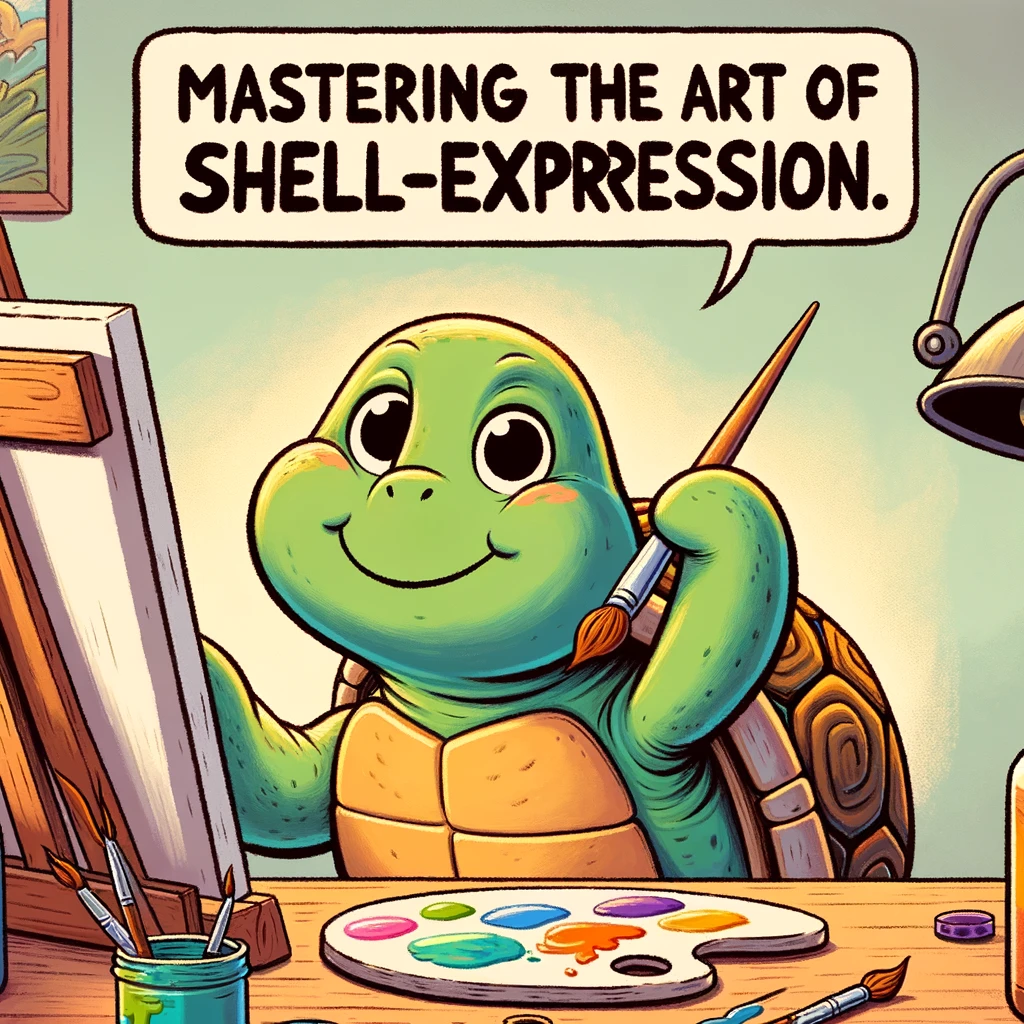 A cartoon turtle with a paintbrush, painting on a canvas in an art studio. The turtle looks creative and inspired. The caption reads: "Mastering the art of shell-expression."