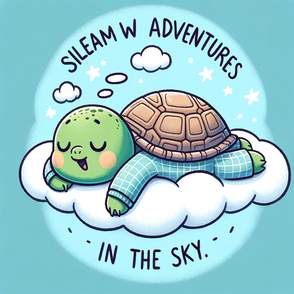 A cartoon turtle sleeping peacefully on a cloud, with a relaxed smile. The turtle is wearing pajamas. The caption reads: "Dreaming of slow adventures in the sky."