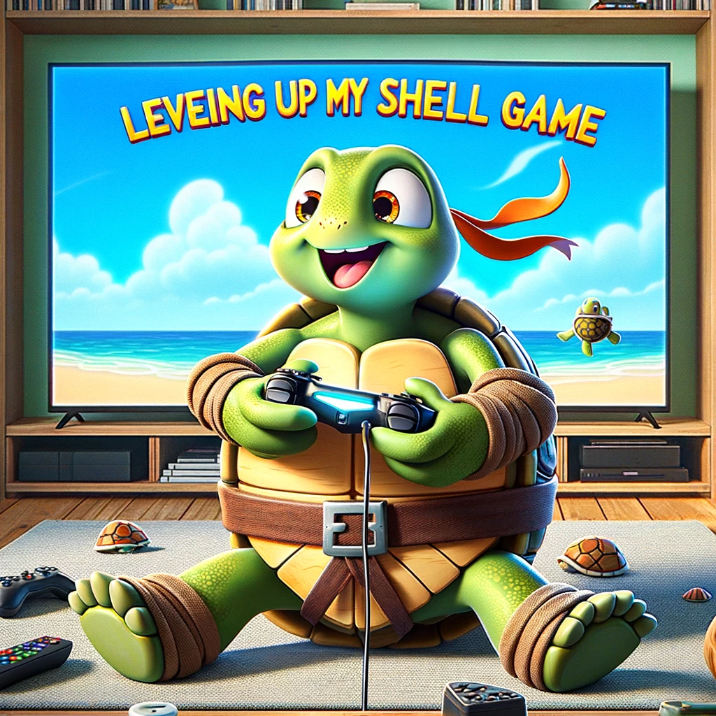 A cartoon turtle playing video games on a large TV in a living room, with a game controller in its hands. The turtle looks excited and focused. The caption reads: "Leveling up my shell game."
