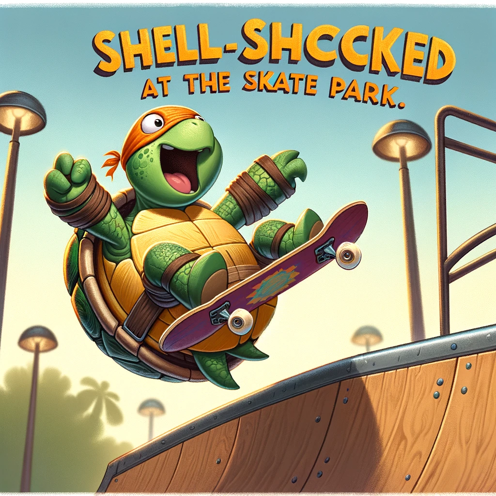 A cartoon turtle doing skateboard tricks in a skate park, looking cool and adventurous. The turtle is in mid-air, doing a flip. The caption reads: "Shell-shocked at the skate park."