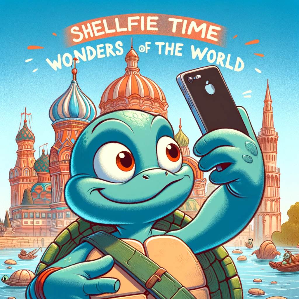 A cartoon turtle taking a selfie with a smartphone, making a funny face. The background is a famous landmark. The caption reads: "Shellfie time at the wonders of the world."