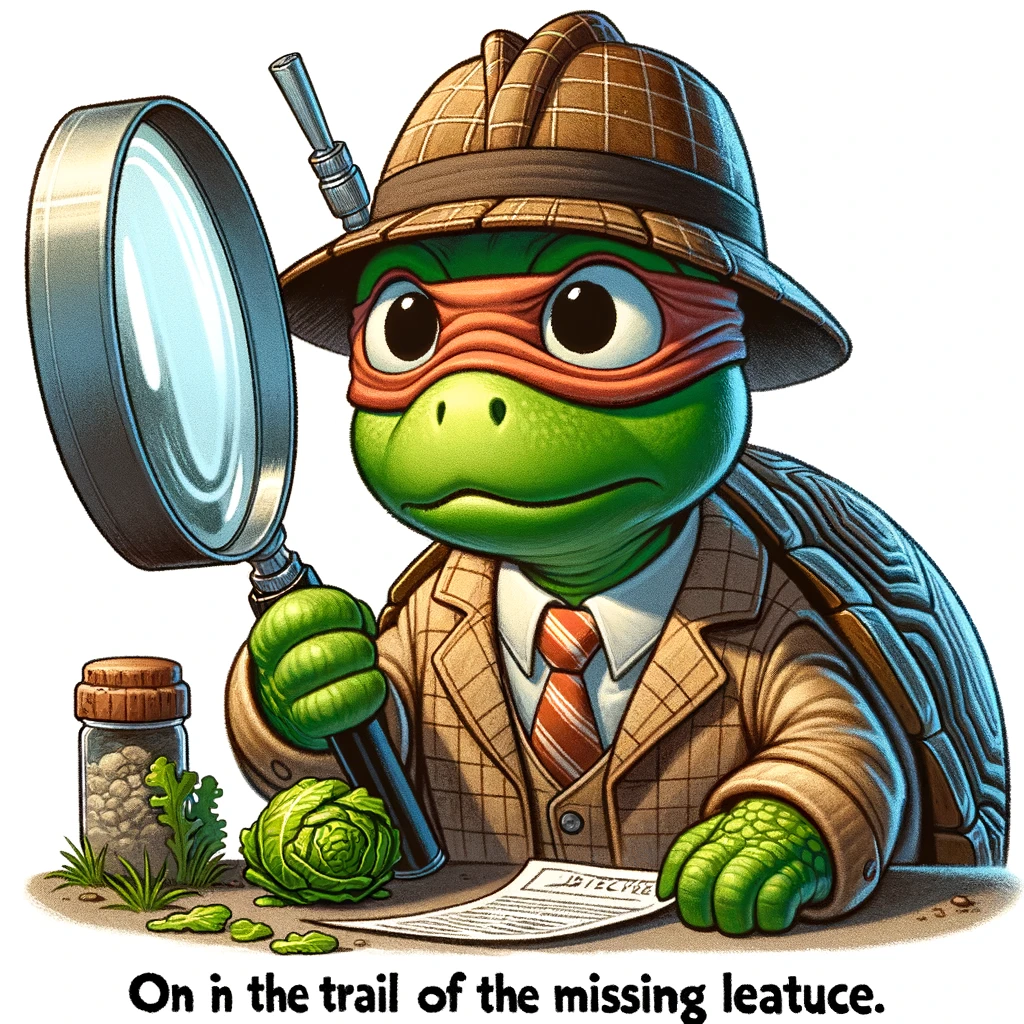 A cartoon turtle dressed as a detective, with a magnifying glass, looking at clues. The turtle has a serious expression. The caption reads: "On the trail of the missing lettuce."