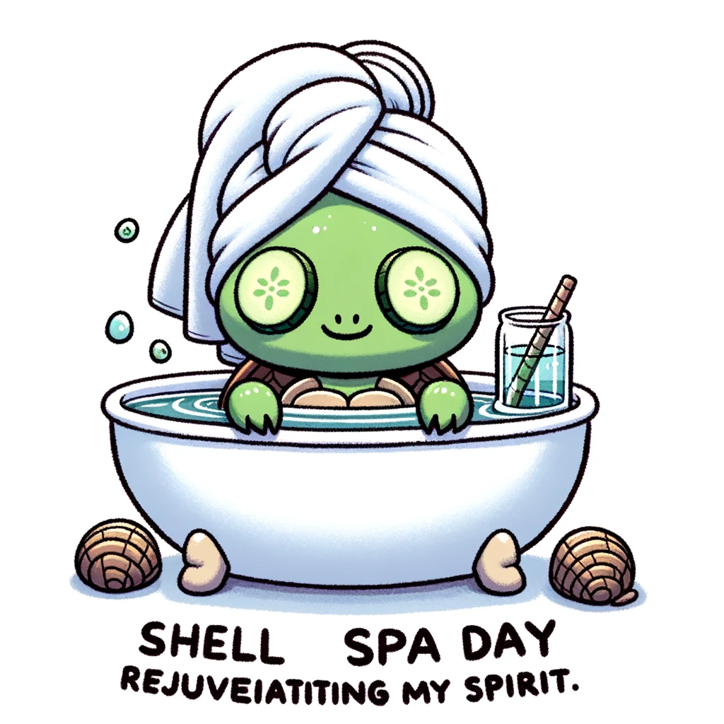 A cartoon turtle enjoying a spa day, with cucumber slices on its eyes, relaxing in a bath. The turtle looks utterly relaxed. The caption reads: "Shell spa day, rejuvenating my spirit."