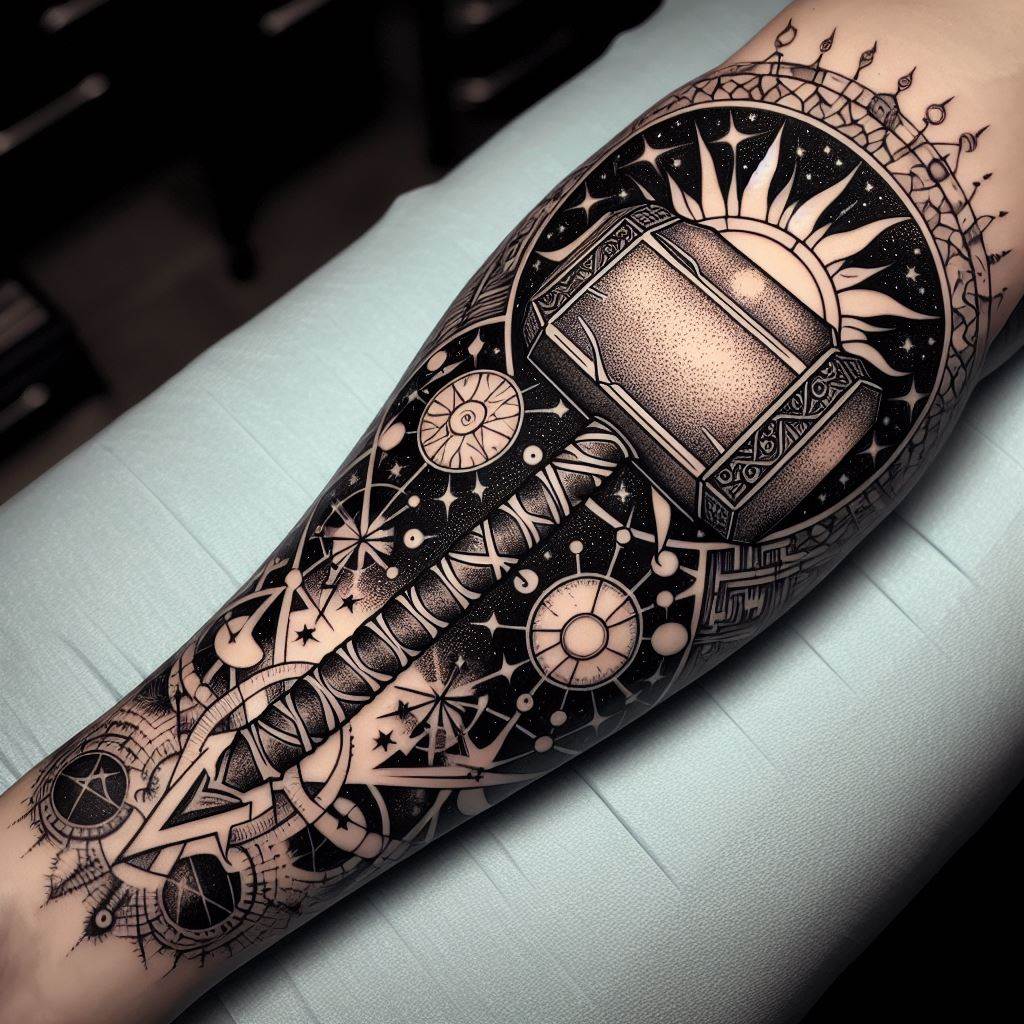 An intricate, black ink tattoo that combines Thor's hammer with ancient Norse astronomical symbols, such as the Sun and Moon, along with the stars, positioned on the forearm. The design integrates Mjolnir with celestial patterns, suggesting Thor's influence over the cosmos. The tattoo is detailed with fine lines and dotwork to create a mystical and cosmic atmosphere, blending Norse mythology with celestial navigation themes.