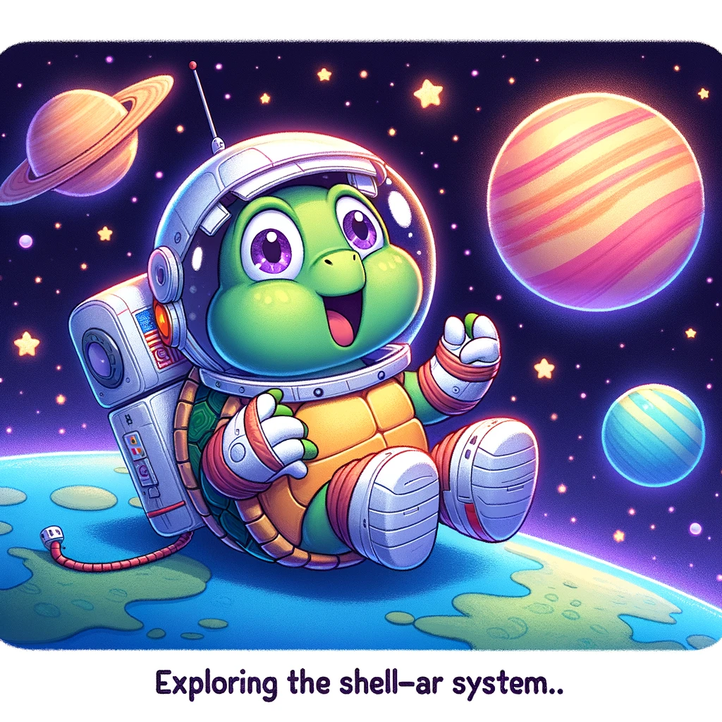 A cartoon turtle dressed as an astronaut, floating in space near a colorful planet. The turtle looks amazed. The caption reads: "Exploring the shell-ar system."