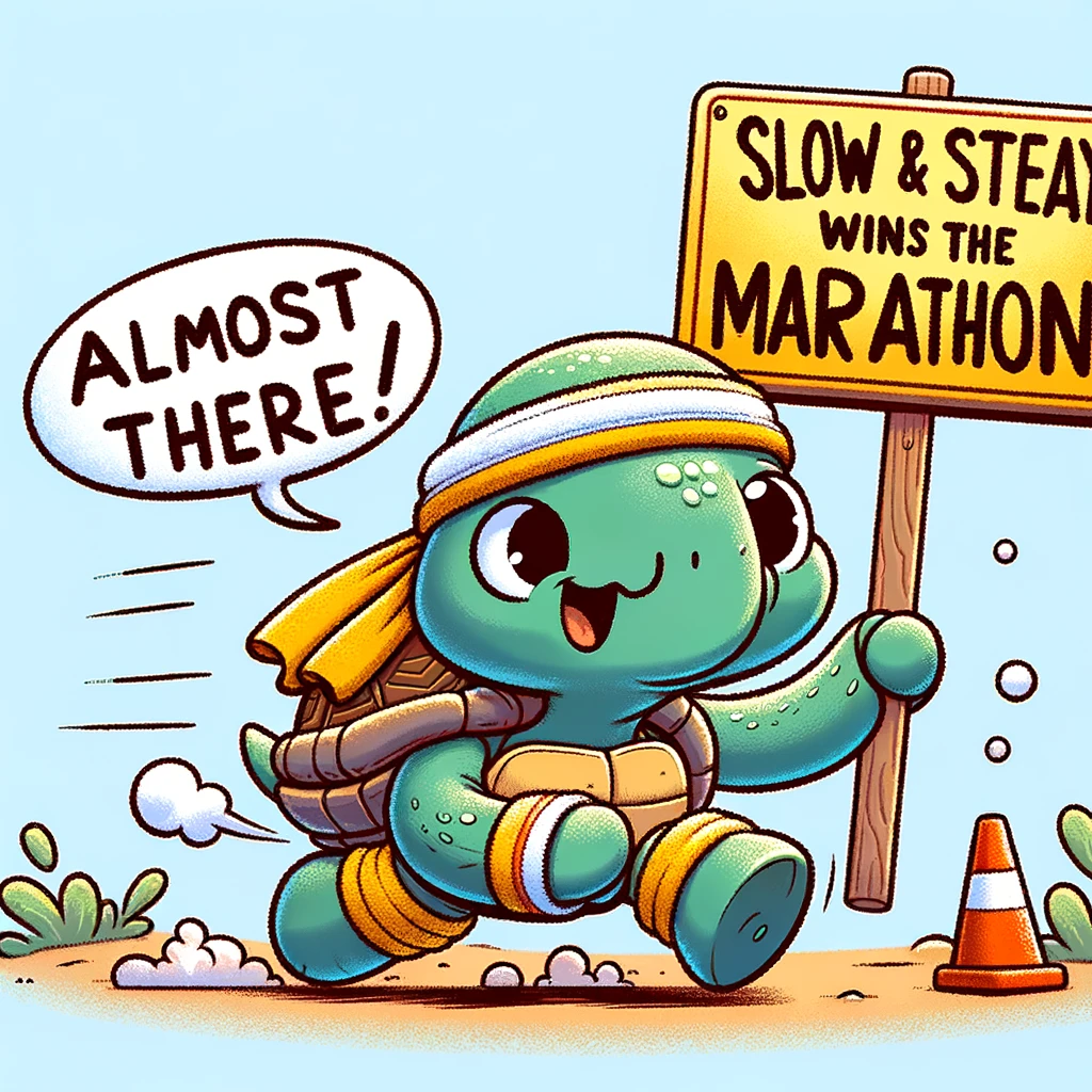 A cartoon turtle running a marathon, with a determined look and sweatbands. The turtle is passing a sign that says "Almost there!". The caption reads: "Slow and steady wins the marathon."