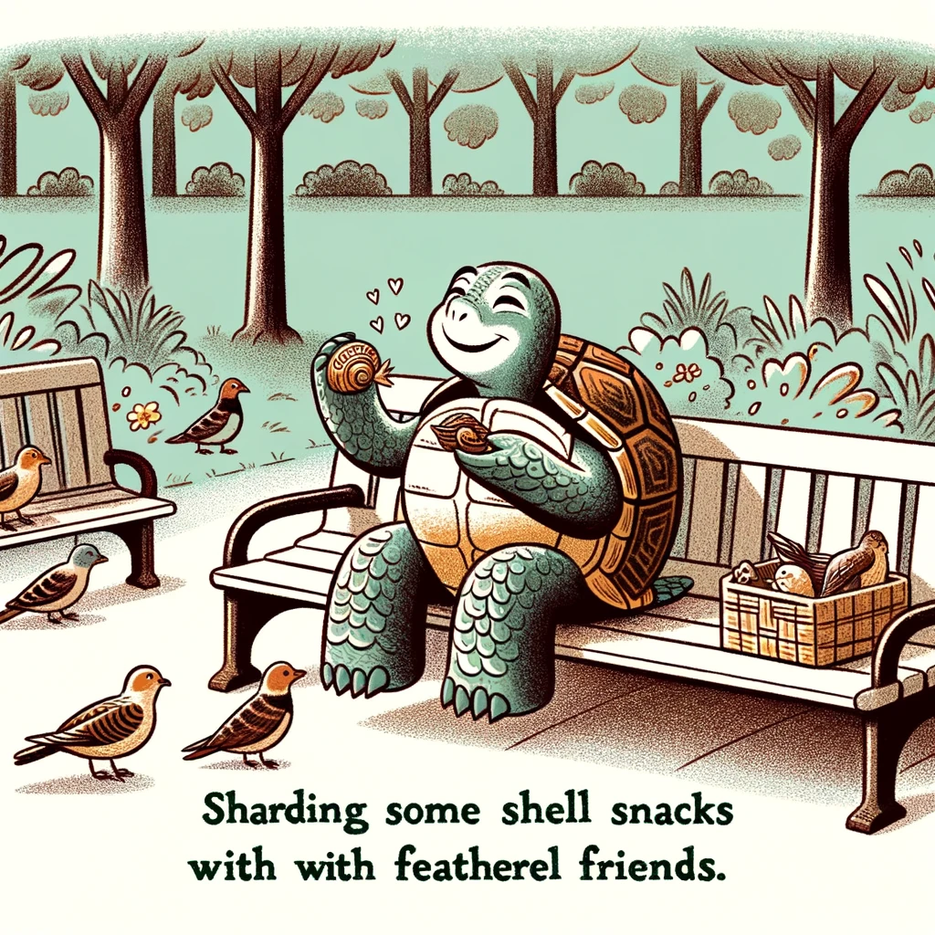 A cartoon turtle sitting on a bench, feeding birds in a park. The turtle looks content and at peace. The caption reads: "Sharing some shell snacks with feathered friends."