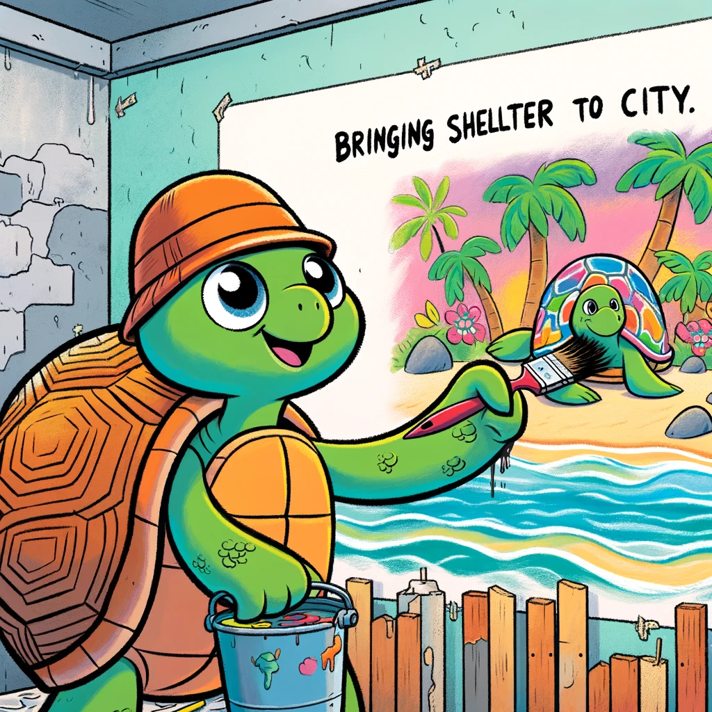 A cartoon turtle painting a mural on a wall, with a look of concentration. The mural is colorful and features a tropical beach scene. The caption reads: "Bringing shellter to the city."