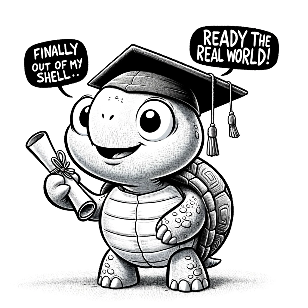 A cartoon turtle wearing a graduation cap, holding a diploma. The turtle looks proud and accomplished. The caption reads: "Finally out of my shell, ready for the real world!"