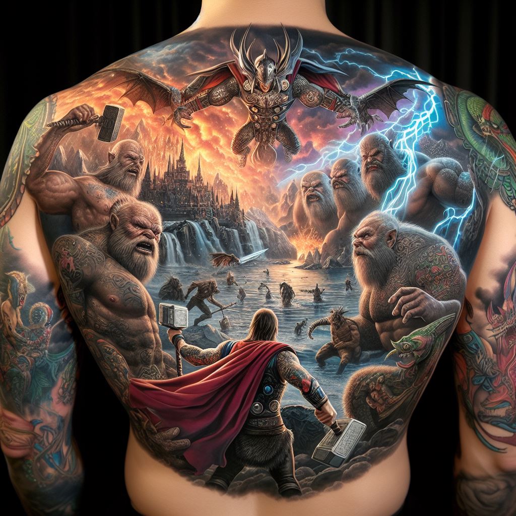 A large, detailed, full-back tattoo depicting a Norse battle scene, with Thor leading the charge against giants, wielding Mjolnir with ferocious might. The background features a vividly portrayed Ragnarok, the end of the world, with the Bifrost bridge, dragons, and the fiery giant Surtr. This tattoo is a masterpiece of storytelling, capturing the epic scale and drama of Norse mythology, with every character and element meticulously detailed to bring the legend to life.