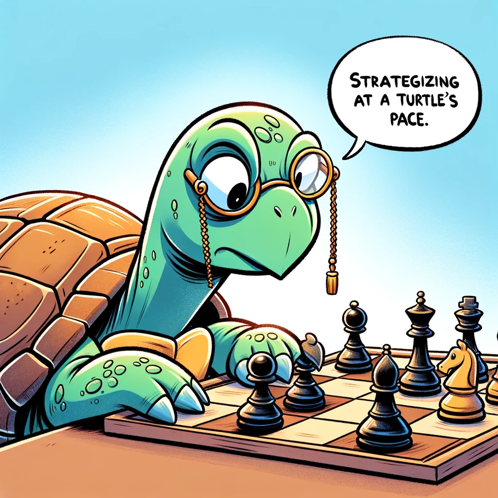 A cartoon turtle playing chess, looking intensely at the chessboard. The turtle is wearing a monocle. The caption reads: "Strategizing at a turtle's pace."