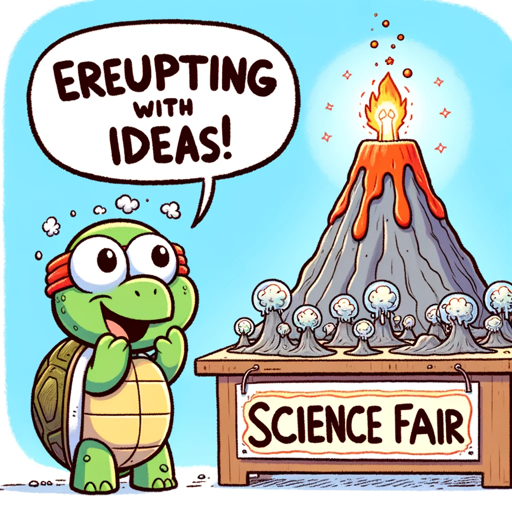 A cartoon turtle at a science fair, standing next to a volcano model. The turtle looks excited and proud. The caption reads: "Erupting with ideas!"