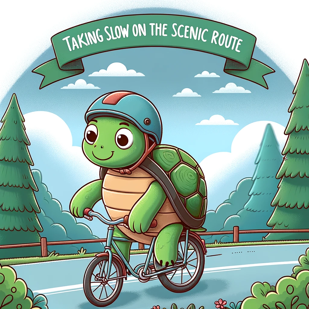 A cartoon turtle riding a bicycle in the countryside, wearing a helmet. The turtle looks happy and carefree. The caption reads: "Taking it slow on the scenic route."