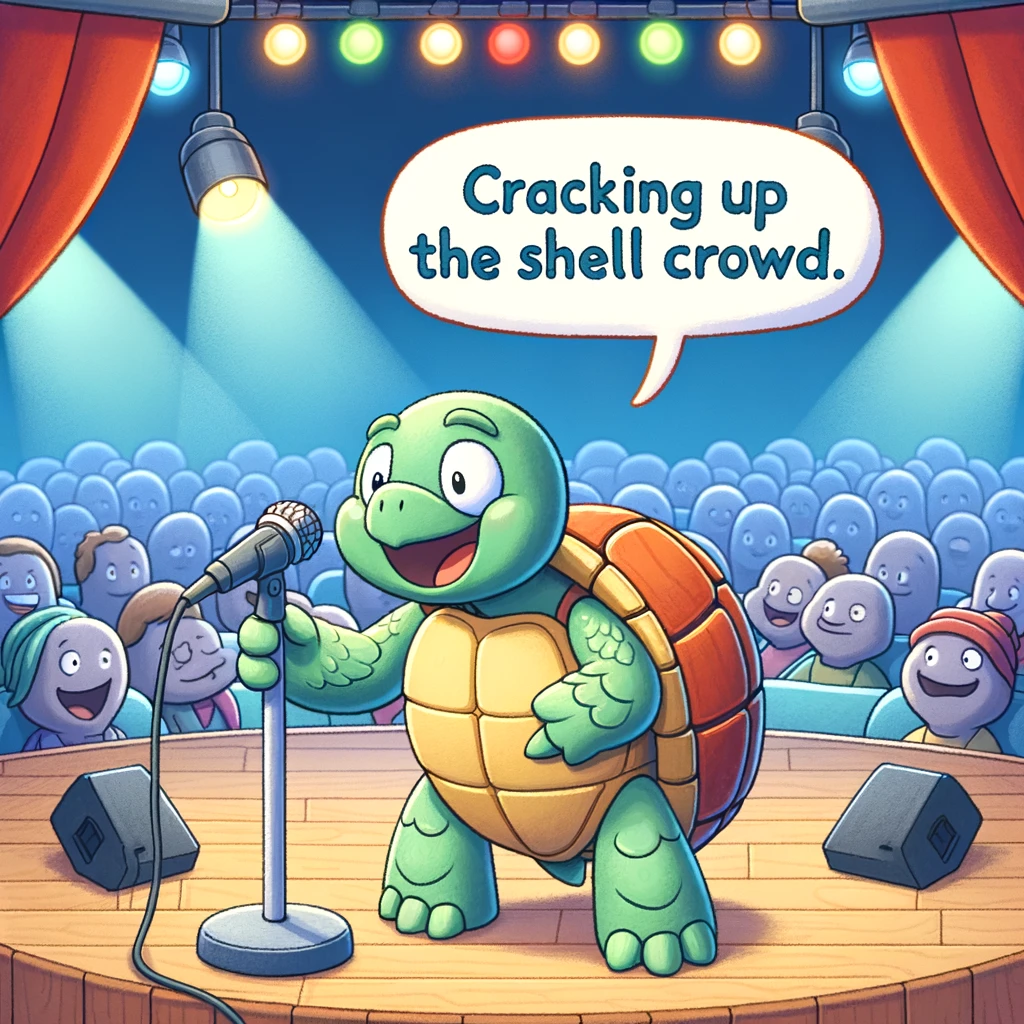 A cartoon turtle at a comedy club, standing on stage with a microphone. The turtle looks confident and is telling jokes. The caption reads: "Cracking up the shell crowd."