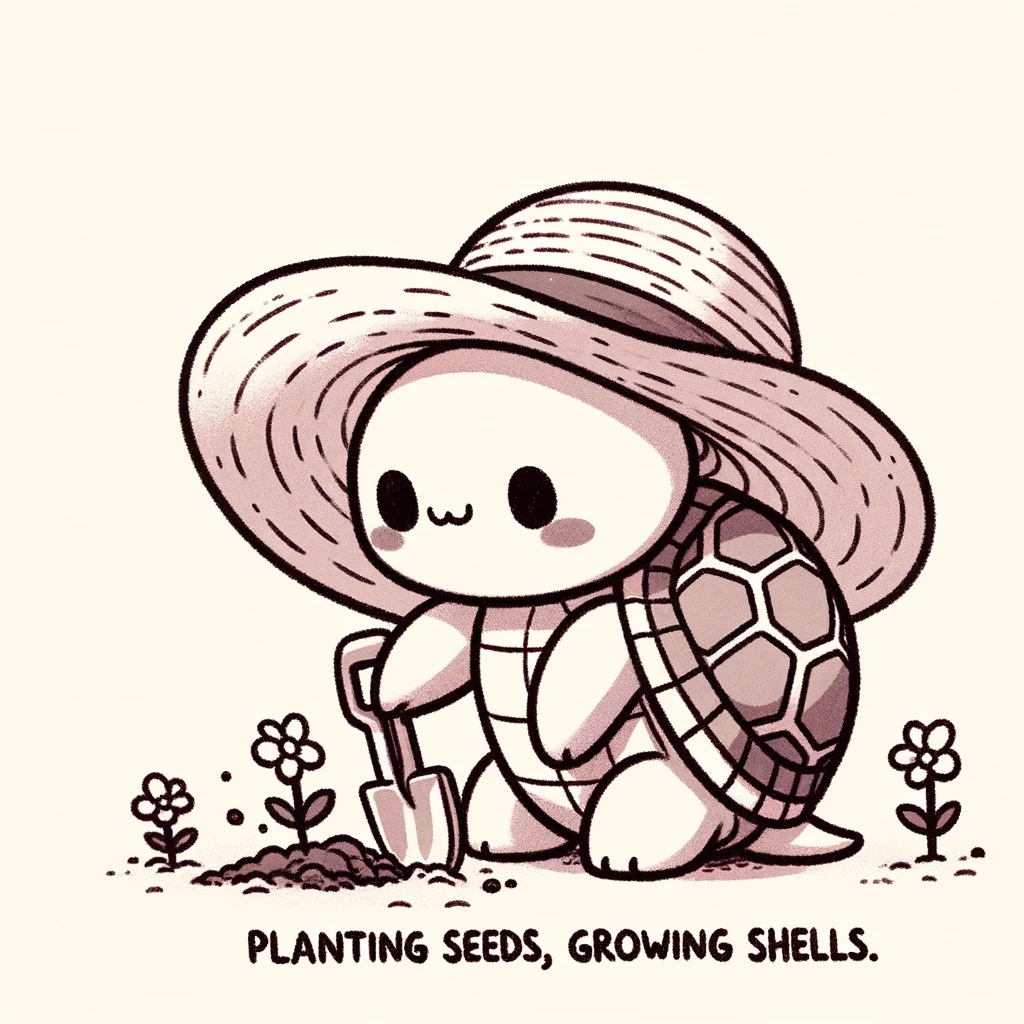 A cartoon turtle gardening, wearing a sun hat and using a small shovel to plant flowers. The turtle looks focused and happy. The caption reads: "Planting seeds, growing shells."