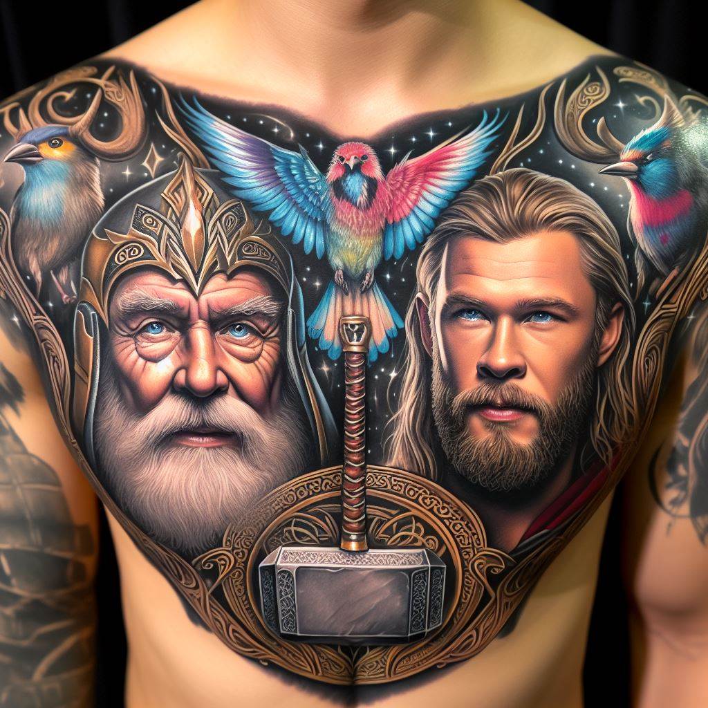 A majestic, full-color chest tattoo featuring portraits of Odin, the Allfather, and Thor, side by side, with Odin's ravens, Huginn and Muninn, above and Mjolnir below. The tattoo captures the divine father and son in a moment of unity, with Odin's one eye and Thor's determined gaze highlighting their wisdom and strength. The background is adorned with Norse patterns and runes, symbolizing their ruling over Asgard and the realms beyond.