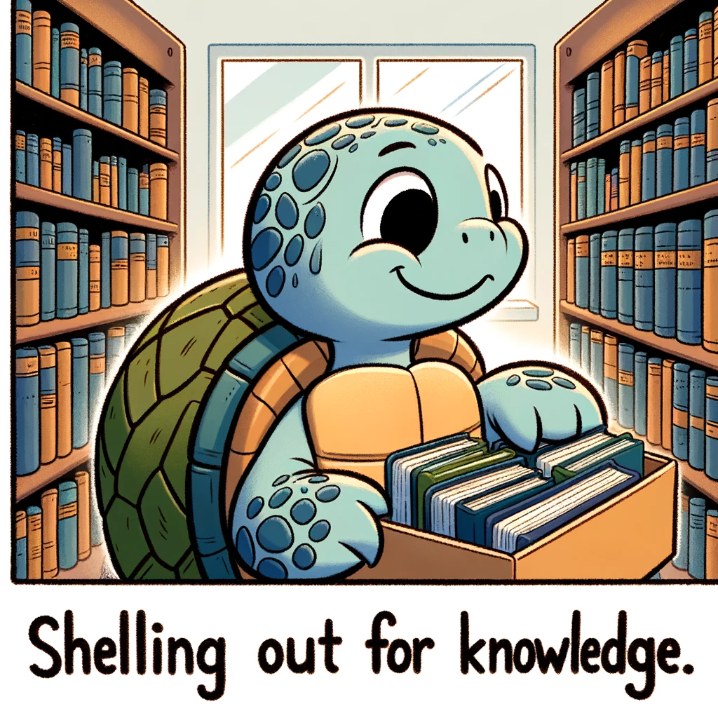 A cartoon turtle in a library, browsing through bookshelves filled with books. The turtle looks curious and intrigued. The caption reads: "Shelling out for knowledge."