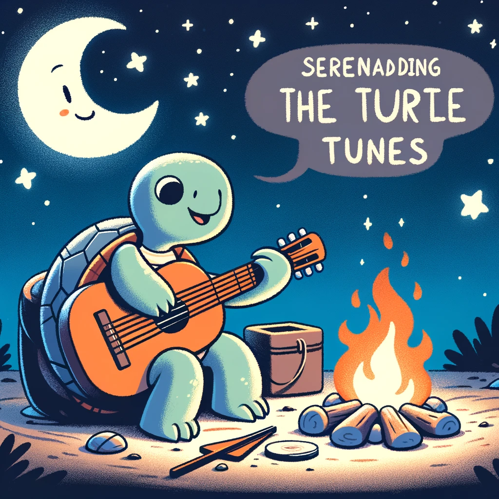 A cartoon turtle playing the guitar by a campfire at night, with stars in the sky. The turtle looks peaceful and is softly strumming. The caption reads: "Serenading the moon, turtle tunes."